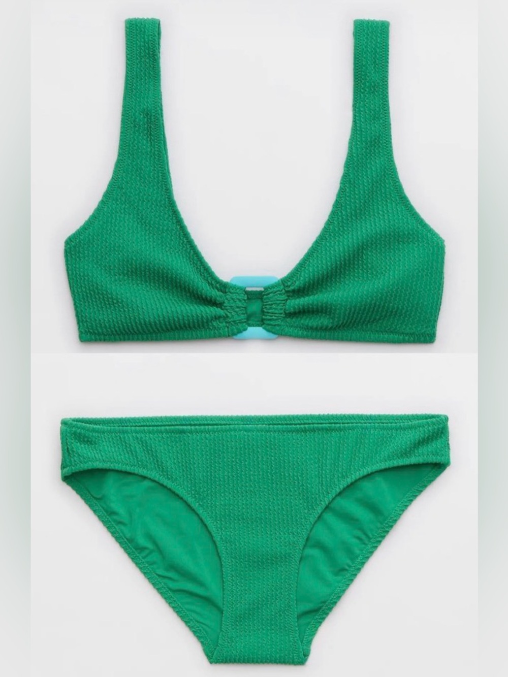 NWT Aerie FULL SET Crinkle Ring Wide Strap Scoop + Full Coverage Bottom Green S